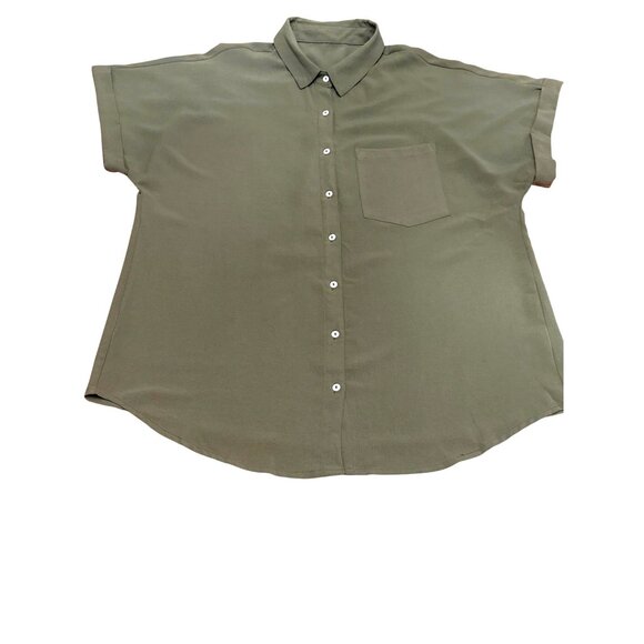 CCC Army Green Chic Henley Short Sleeve Button Up Lapel Shirt All Polyester XLGE - Picture 7 of 10